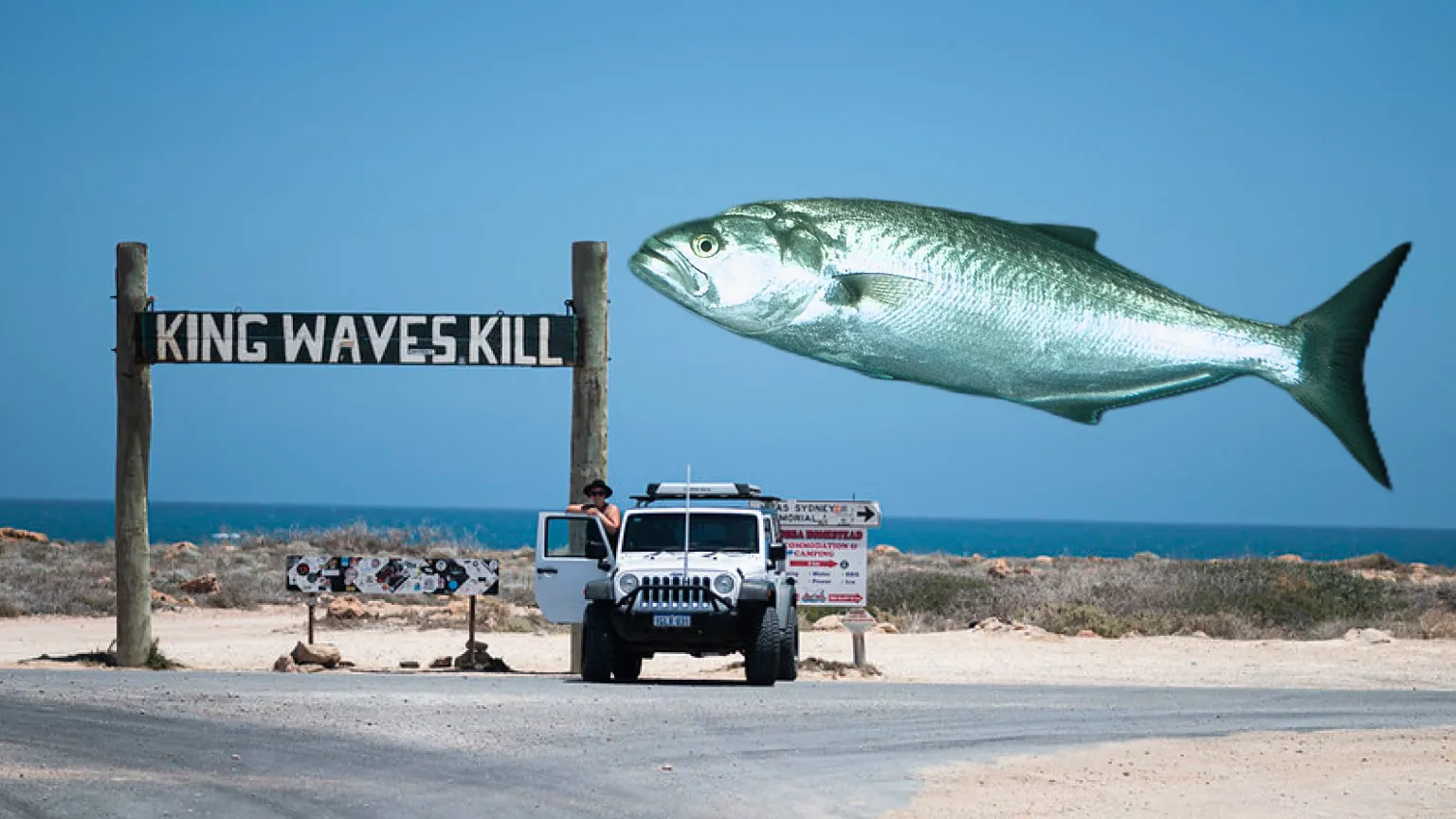 Illustration of a tailor above a King Waves Kill warning sign and a 4WD on the remote Gascoyne coast near Carnarvon, Western Australia